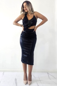 Rochie de ocazie Theodora, cu crapatura pe picior si decupata in talie, Negru metalizat, Marime S/M - Img 3