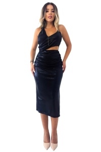 Rochie de ocazie Theodora, cu crapatura pe picior si decupata in talie, Negru metalizat, Marime S/M - Img 6