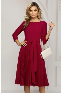 Rochie de zi rosie midi cu fusta plisata si cordon in talie