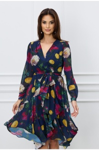 Rochie Denisa bleumarin cu flori galbene si cordon in talie