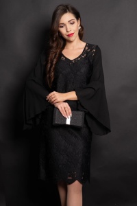 Rochie din dantela neagra midi de ocazie cu maneci din voal asimetrice