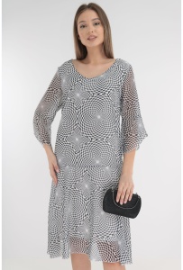 Rochie din voal cu imprimeu geometric alb-negru
