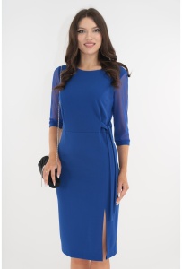 Rochie eleganta albastra cu maneci din tulle si cordon in talie