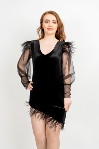 Rochie eleganta de ocazie neagra cu pene si maneci Ruby By Malika Fashion - Img 3