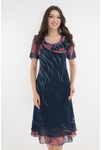 Rochie eleganta din voal bleumarin cu flori roz