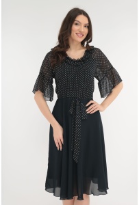 Rochie eleganta din voal bleumarin si voal cu buline crem
