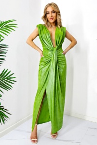 Rochie eleganta Ilaria, croiala cu fronseuri si decolteu adanc, Verde deschis metalizat, Marime S/M - Img 1