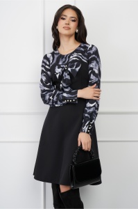 Rochie Ella Collection Andrada neagra cu funda si imprimeu gri