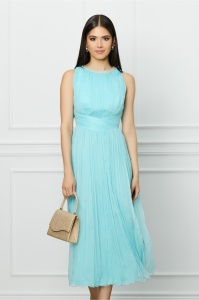 Rochie Ginette bleu din matase cu perle la decolteu