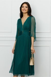 Rochie Ginette verde din tull de matase naturala cu insertii din tull transparent