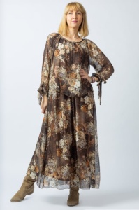 Rochie lunga cu imprimeu floral, cu nuante de maron, din matase naturala