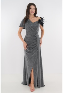 Rochie lunga de seara din lurex argintiu