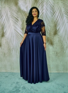Rochie lunga de tafta si broderie catifelata bleumarin Anastasia - Img 3