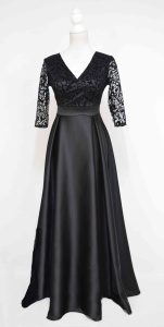 Rochie lunga din tafta neagra cu broderie catifelata Carla