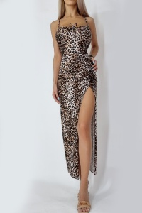 Rochie lunga Isabela cu spatele gol si snururi decorative, Leopard, Marime S/M - Img 2