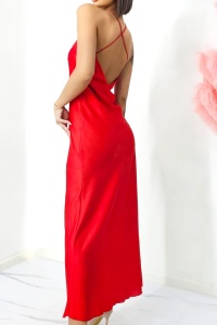 Rochie lunga satinata Priscilla, cu spatele gol si croiala halter, Rosu, Marime S/M - Img 2
