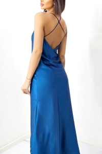 Rochie lunga satinata Priscilla, cu spatele gol si croiala halter, Albastru, Marime S/M - Img 4