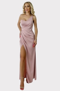 Rochie lunga Sharron, cu slit amplu pe picior si bretea pe un umar, Roz deschis, Masura S/M