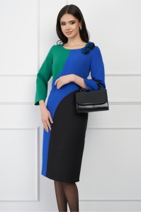 Rochie Margie albastra cu imprimeu negru si verde