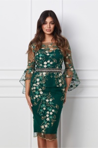 Rochie MBG verde cu broderie florala bej