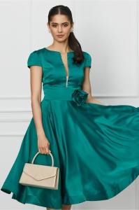 Rochie MBG verde din satin cu trandafir in talie
