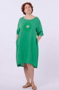 Rochie midi din in cu floare din paiete pe piept, verde