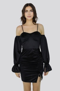 Rochie mini Roxana din satin, Negru, Marime universala S/M - Img 1