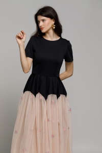 Rochie MORA neagra cu tul brodat crem