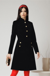 Rochie Moze eleganta din catifea neagra cu nasturi pe bust si la buzunare