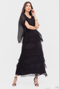 Rochie neagra din matase naturala cu volane franjurate suprapuse