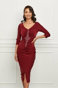 Rochie Nelly bordo cu fronseu si broderie din margele