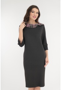 Rochie office antracit cu guler din stofa in carouri roz