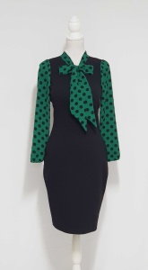 Rochie office cu maneci si esarfa verde cu buline - Img 1
