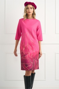 Rochie office din stofa fucsia cu imprimeu galben la baza