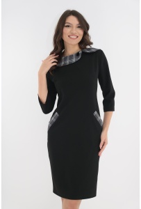Rochie office neagra cu stofa in carouri gri la guler si buzunare