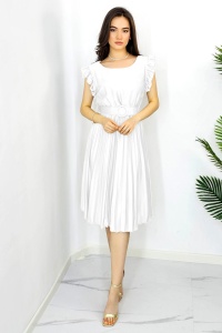 Rochie plisata midi, Elenor, cu volanase si curea asortata, Alb, Marime universala S/M - Img 2
