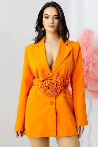 Rochie tip sacou Daniela, decolteu amplu si curea cu detaliu floral oversize, Portocaliu, Marime S/M - Img 3