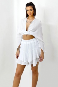 Compleu Wichita, camasa, legare sub bust si fusta pantaloni croi scurt, Alb, Marime S/M/L - Img 4