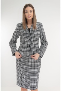 Costum - sacou si fusta din stofa cu model alb-negru in carouri