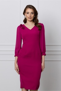 Rochie Clara magenta cu maneci din voal si flori 3D pe umar