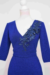 Rochie de ocazie din lurex albastra Royal Blue cu broderie 3D - Img 3