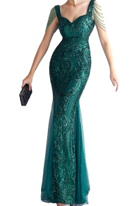 Rochie de ocazie Isolde, cu detaliu din tull, cristale si imprimeu royal, Verde - Img 5