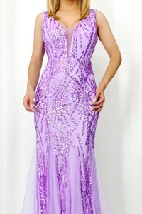 Rochie de seara, tip sirena, Fabyola, cu paiete si insertii din voal, Mov - Img 4