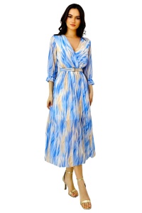 Rochie de zi Fatima, croiala plisata si imprimeu pastelat, Albastru, Marime S/M - Img 6