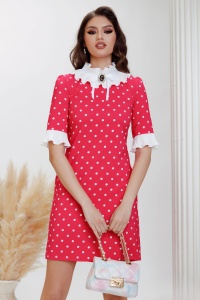 Rochie de zi Fofy in A ciclame cu buline albe guler si mansete plisate