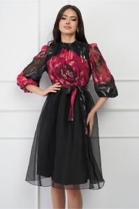 Rochie DY Fashion neagra cu fusta din organza si imprimeu la bust