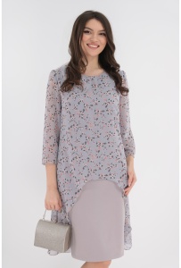 Rochie eleganta gri cu imprimeu floral si aspect suprapus