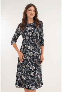 Rochie evazata bleumarin cu trandafiri bej imprimati
