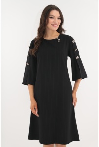 Rochie evazata neagra cu dungi violet si nasturi decorativi