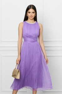 Rochie Ginette lila din matase cu perle la decolteu